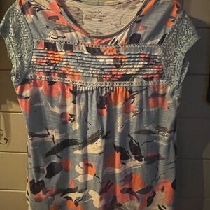 Hannah Light Blue & Coral Smocked Cap Sleeve Blouse